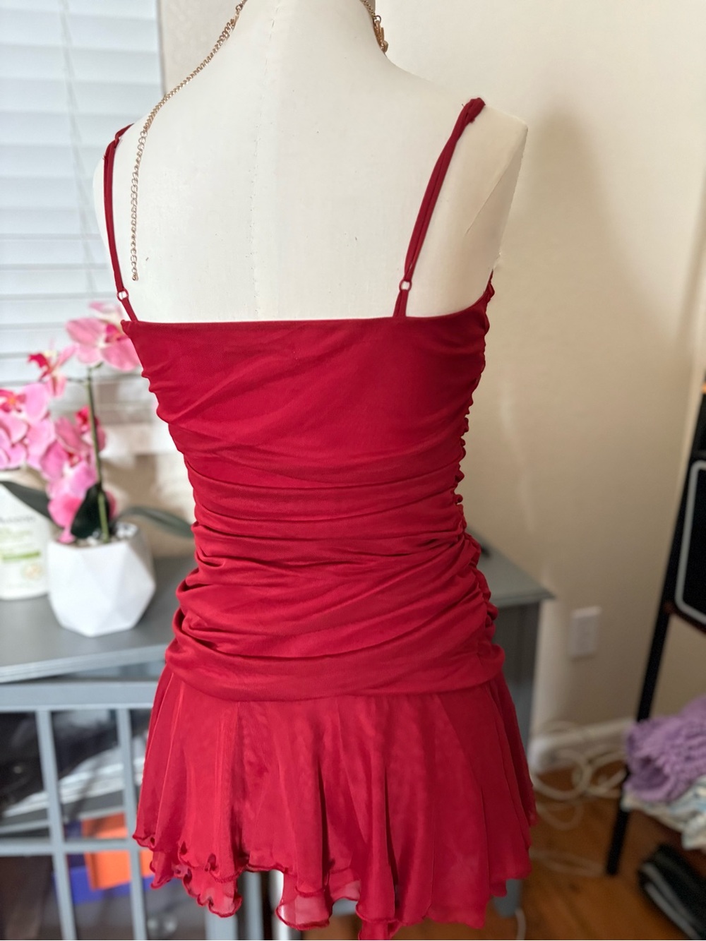 Red Spaghetti-Strap Ruched Mini Dress - Picture 5 of 5